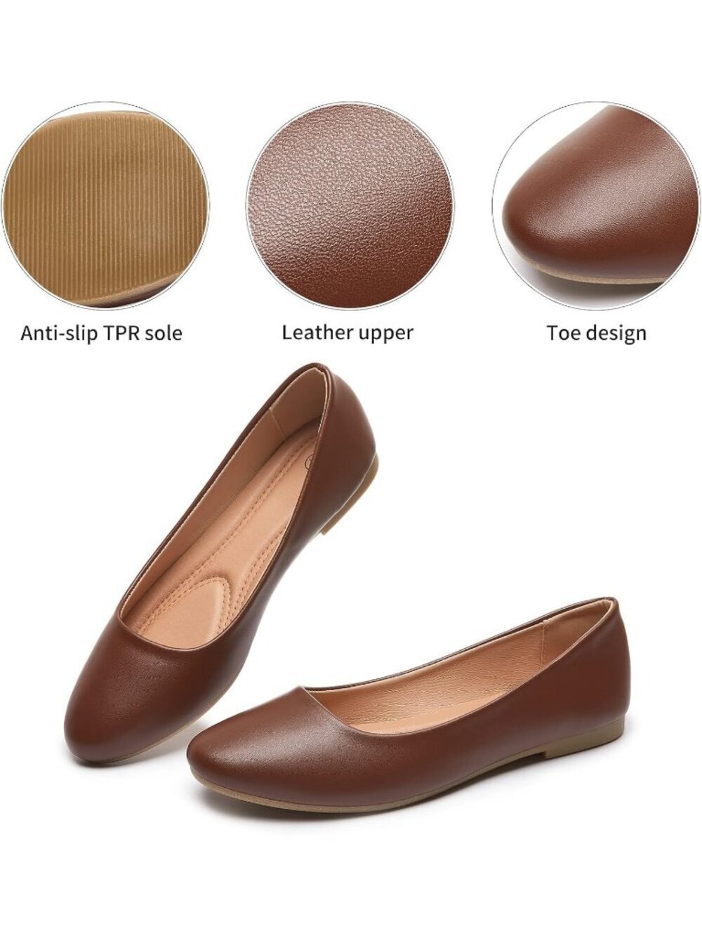 Women's Brown Comfortable PU Leather Round Toe Solid Slip on Ballet Flat Shoes - Picture 4 of 6